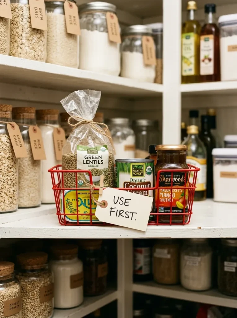 Small red wire basket labeled "use first" on a pantry shelf containing near-expiry canned and dried goods