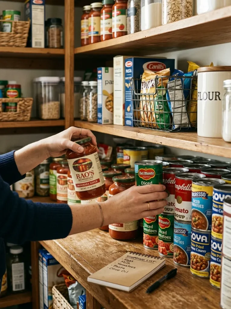 Hands reorganizing a pantry shelf during a weekly reset, with a shopping list notepad nearby