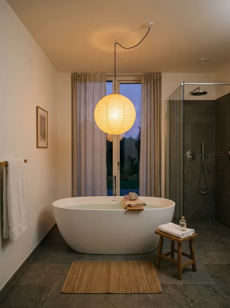 Paper globe pendant hanging above a white oval freestanding bath, glowing amber in the evening in a warm white Scandinavian bathroom