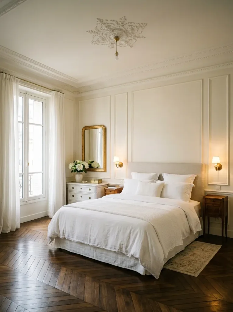 All-white Parisian bedroom with crown molding, a ceiling rose, and warm brass accents