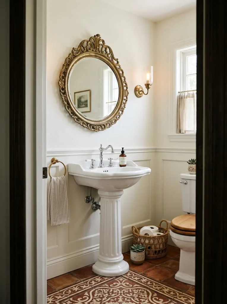 Classic white porcelain pedestal sink in a compact powder room with an ornate gold mirror above and patterned encaustic tile floor visible beneath
