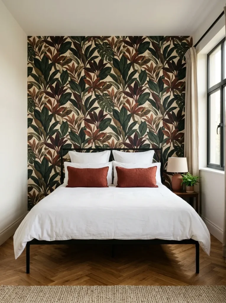 Apartment bedroom with large-format botanical peel-and-stick wallpaper on the headboard wall, a simple white duvet, and rust linen cushions against plain white adjoining walls

