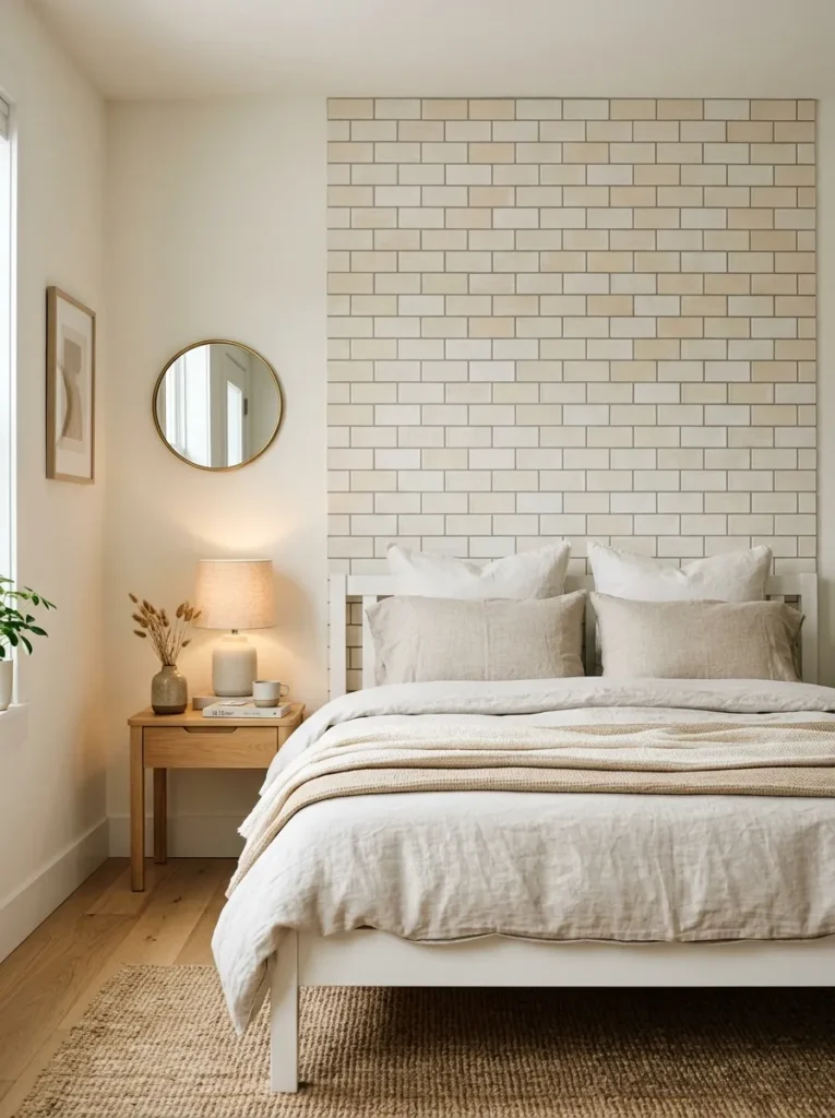 Peel-and-stick cream subway tile panel on a bedroom headboard wall with level grout lines and a white linen bed below
