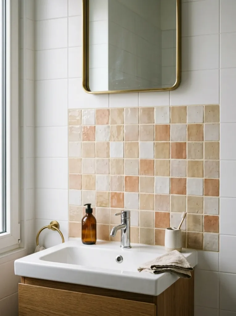Peel-and-stick zellige-effect tiles in cream and terracotta applied as a bathroom backsplash behind a white basin, cleanly aligned with even grout lines
