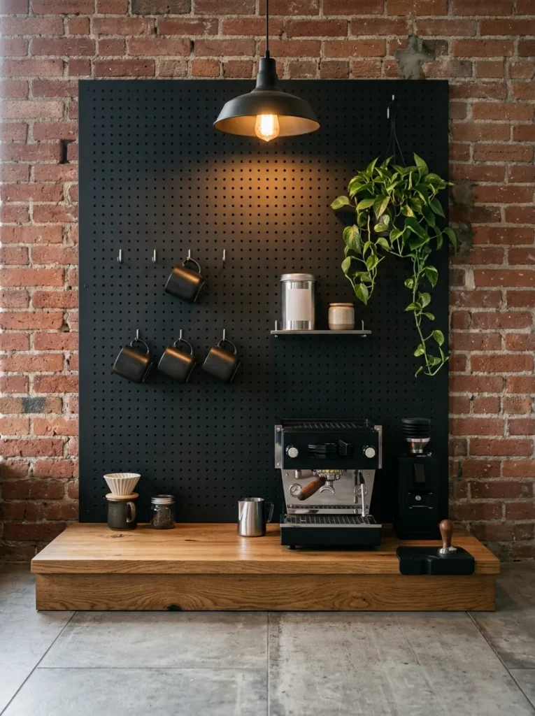 Painted pegboard coffee station wall with mug hooks and small shelves above a counter 