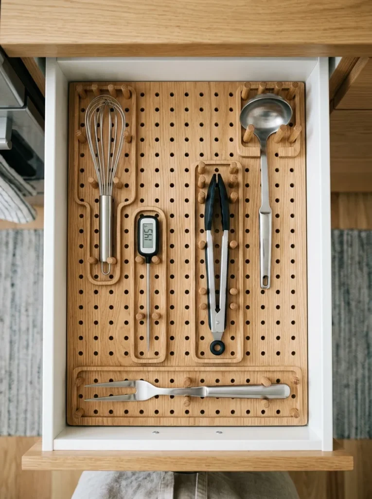 Deep kitchen drawer with a pegboard insert and custom pegs creating individual compartments for a whisk, ladle, thermometer, tongs, and fork