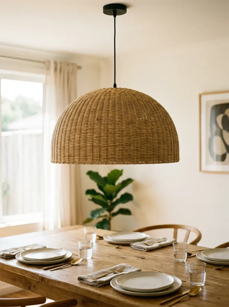 Woven rattan pendant hanging at correct height above an oak dining table, showing approximately 75cm clearance between shade and table surface with place settings below