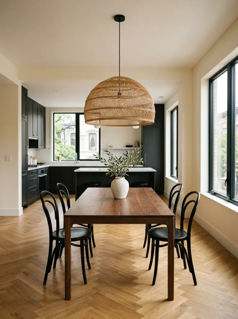 A statement pendant light hung above an apartment dining table defining the dining zone in an open plan