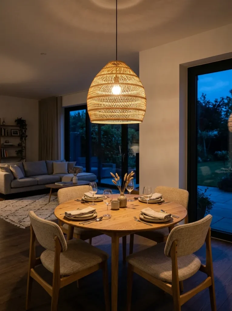 Large rattan pendant casting warm light onto an oak dining table in the dining zone of an open-plan room, living area dimly lit in the background
