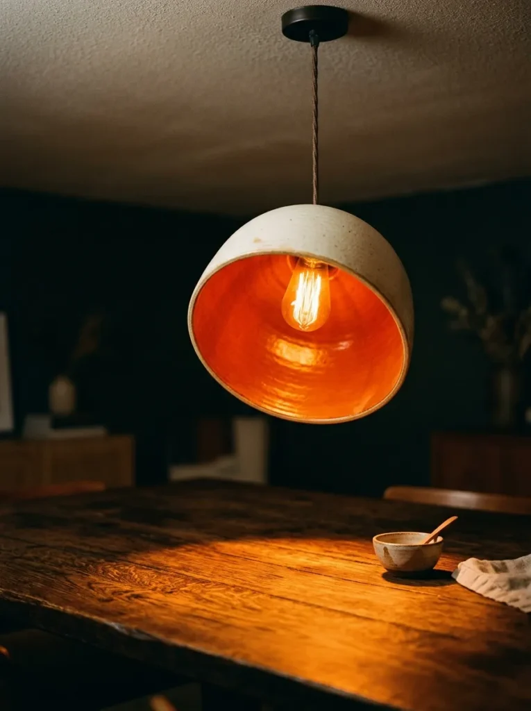 Close-up of a dining pendant shade from below showing a terracotta-coloured interior reflecting warm light downward onto an oak table