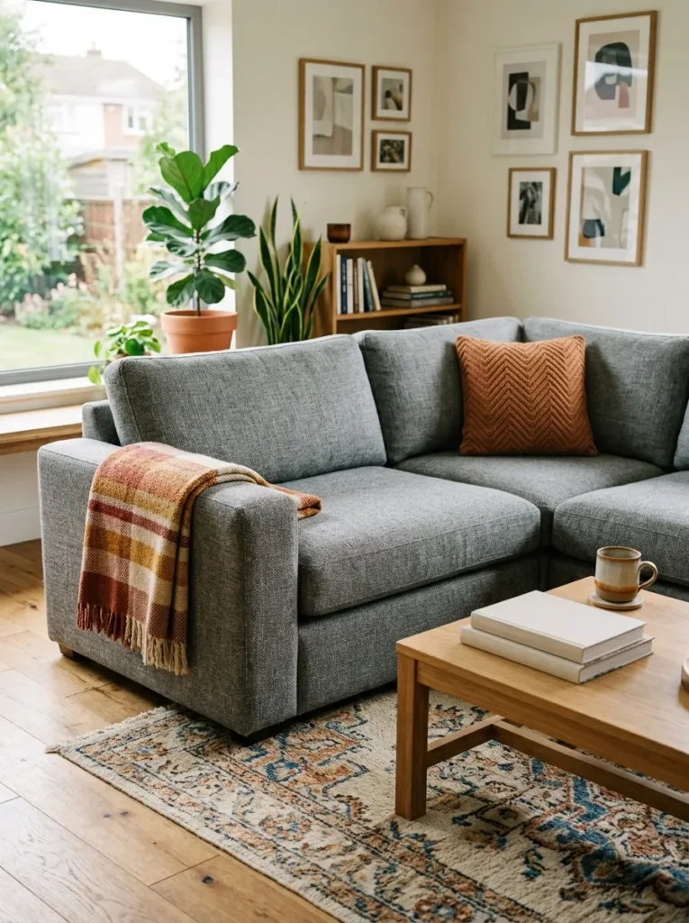 Mid-grey textured performance-fabric sectional in a lived-in family living room with a woven blanket on one arm and books on the coffee table