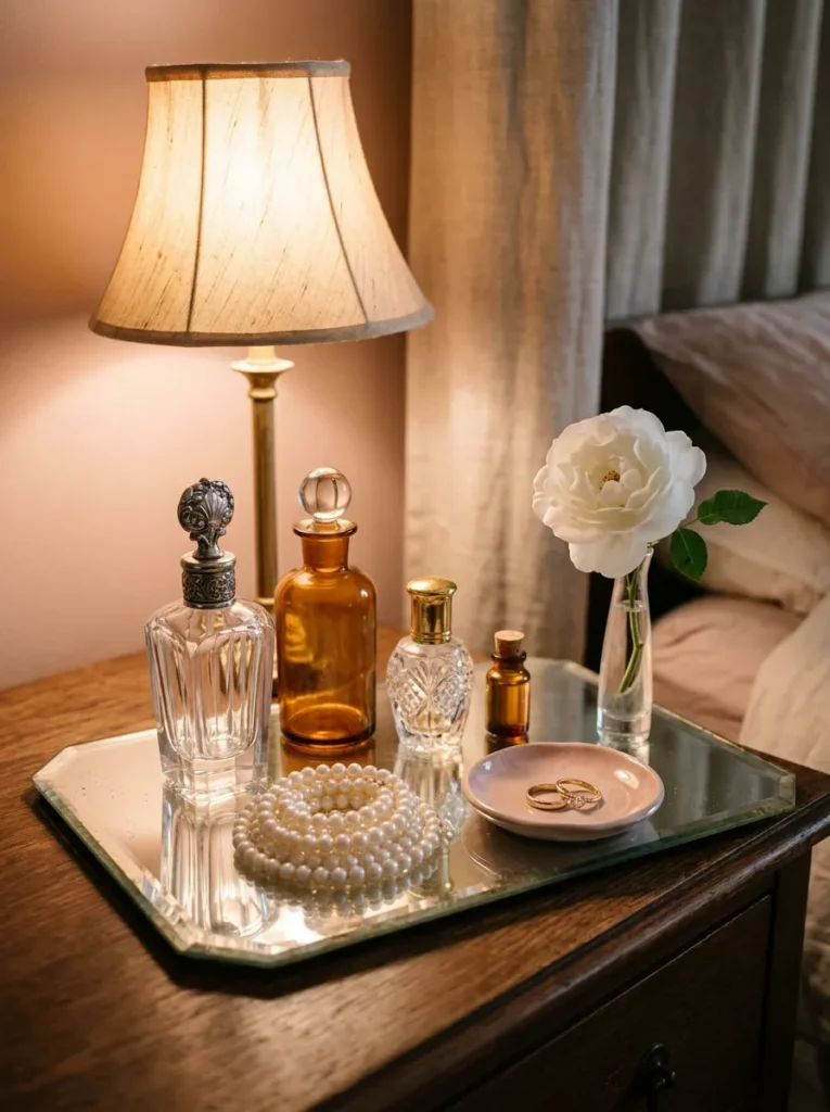 Styled dresser vignette with vintage perfume bottles, jewelry, and a mirrored tray in a feminine bedroom