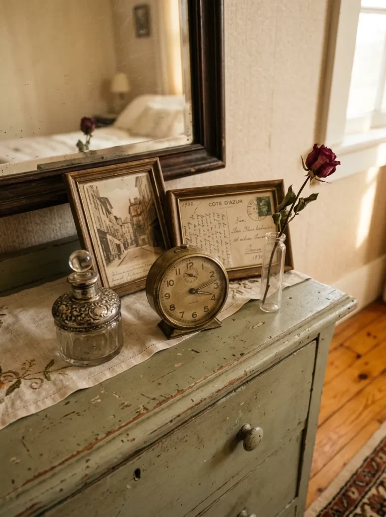 Dresser top styled with a meaningful edit of vintage personal objects including perfume bottles and postcards 