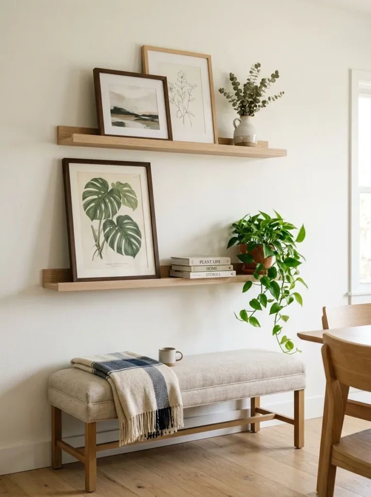 Two staggered picture ledges in a dining room styled with propped prints, botanical art, a ceramic, and a trailing plant
