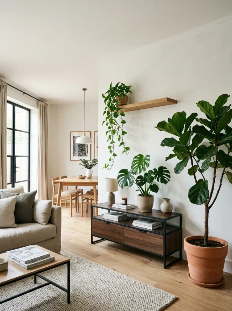 Open-plan living room with a fiddle leaf fig at zone height, a monstera on the console, and trailing pothos on a shelf creating vertical plant rhythm
