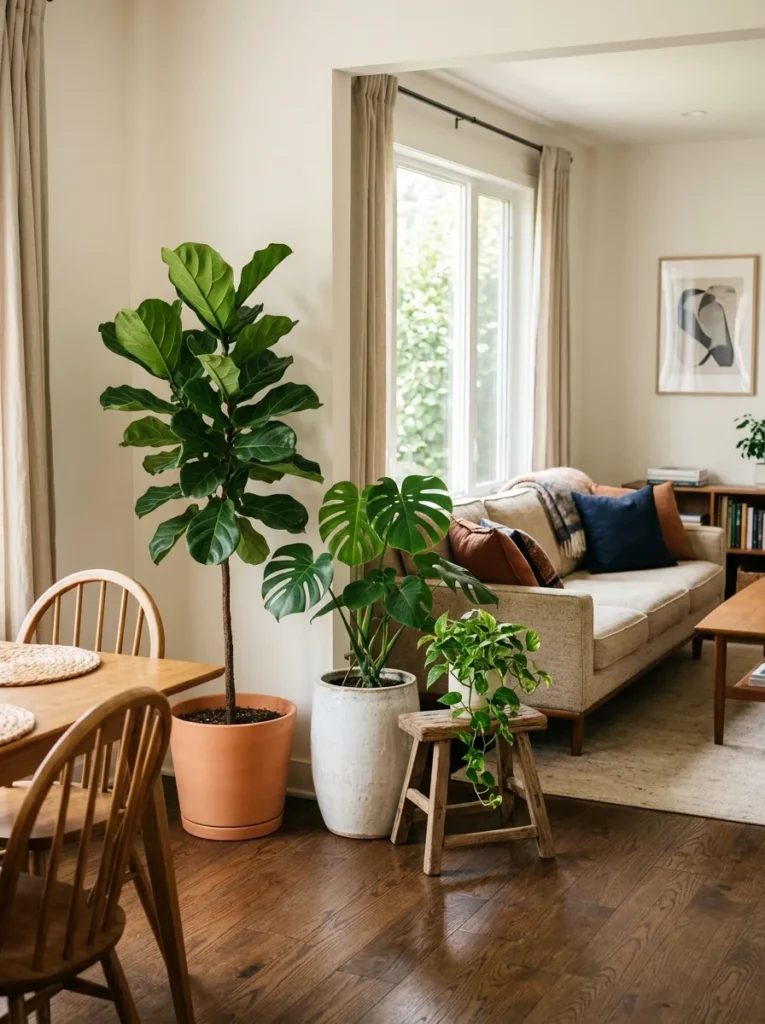 A grouping of a fiddle-leaf fig, monstera, and trailing pothos marking the corner boundary between a dining zone and living room