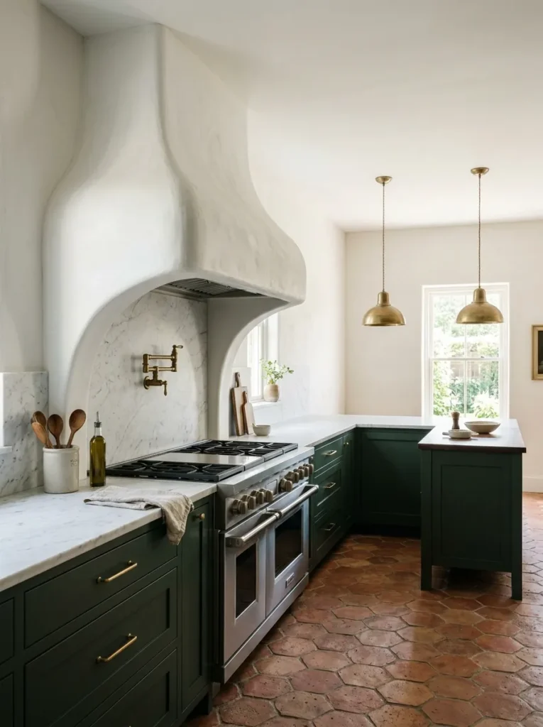 L-shaped kitchen with a sculptural white plaster range hood above a stainless steel range and dark green cabinets
