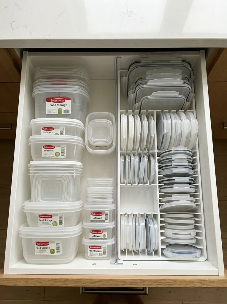 Kitchen drawer split into two zones — nested plastic containers on the left, lids standing vertically in a divider insert on the right