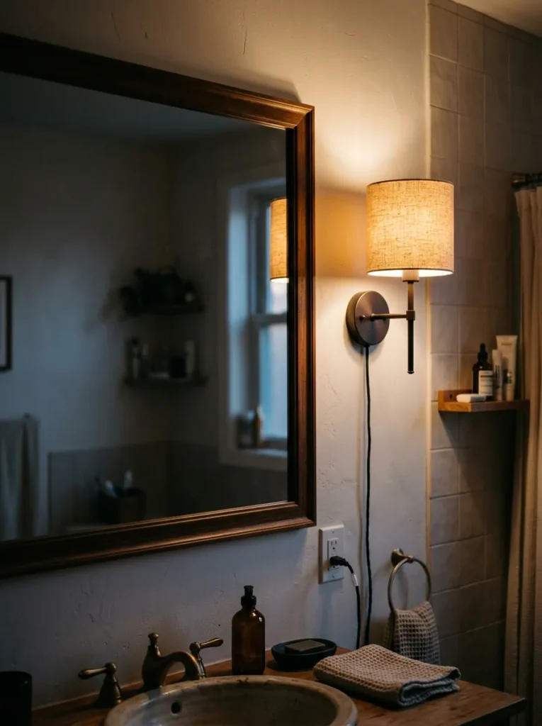 Plug-in wall sconce with a small linen shade mounted beside a bathroom mirror, lit with warm amber light at evening, cord running neatly to outlet below