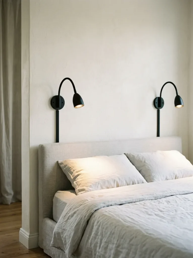 Pair of adjustable matte black plug-in wall sconces mounted symmetrically beside a bed with no bedside tables below