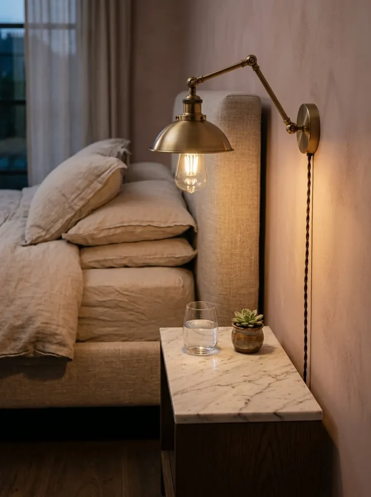 Brushed brass plug-in wall sconce mounted above a narrow marble nightstand, with the cord running flat against a blush wall behind a linen headboard
