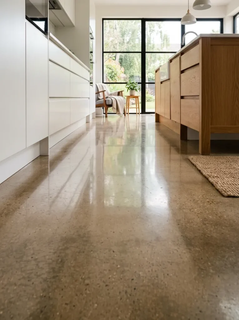 Low-angle view across a polished concrete kitchen floor reflecting the underside of white cabinets in soft morning light
