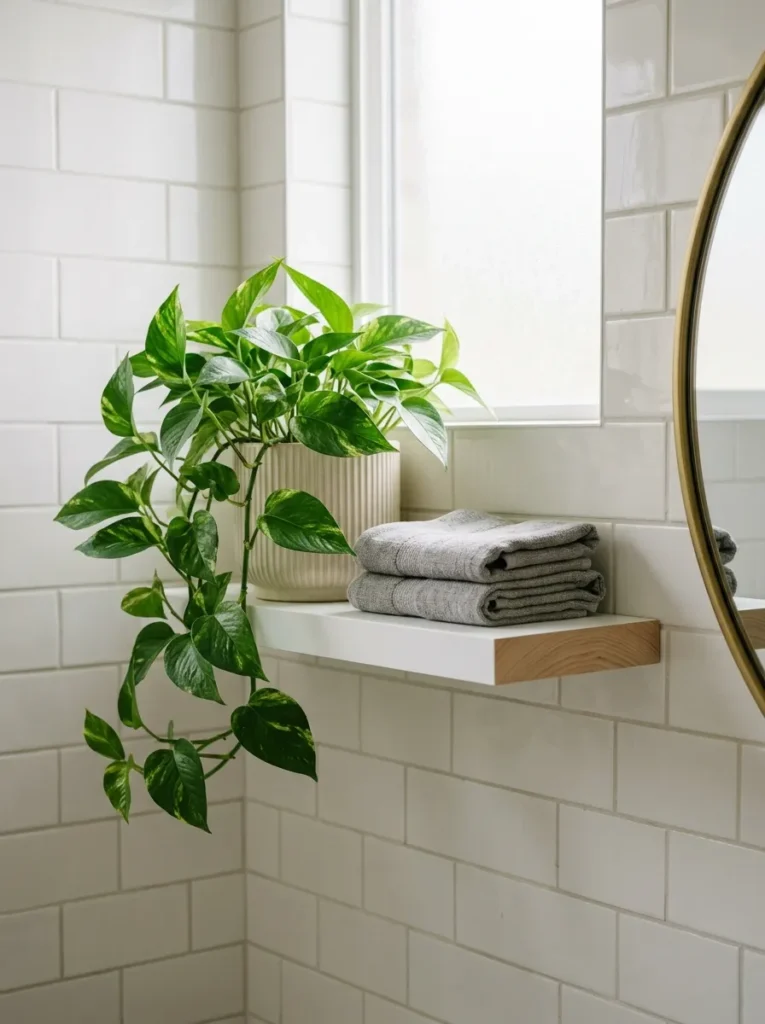 Trailing pothos plant in a cream ceramic pot on a white floating bathroom shelf beside folded grey towels
