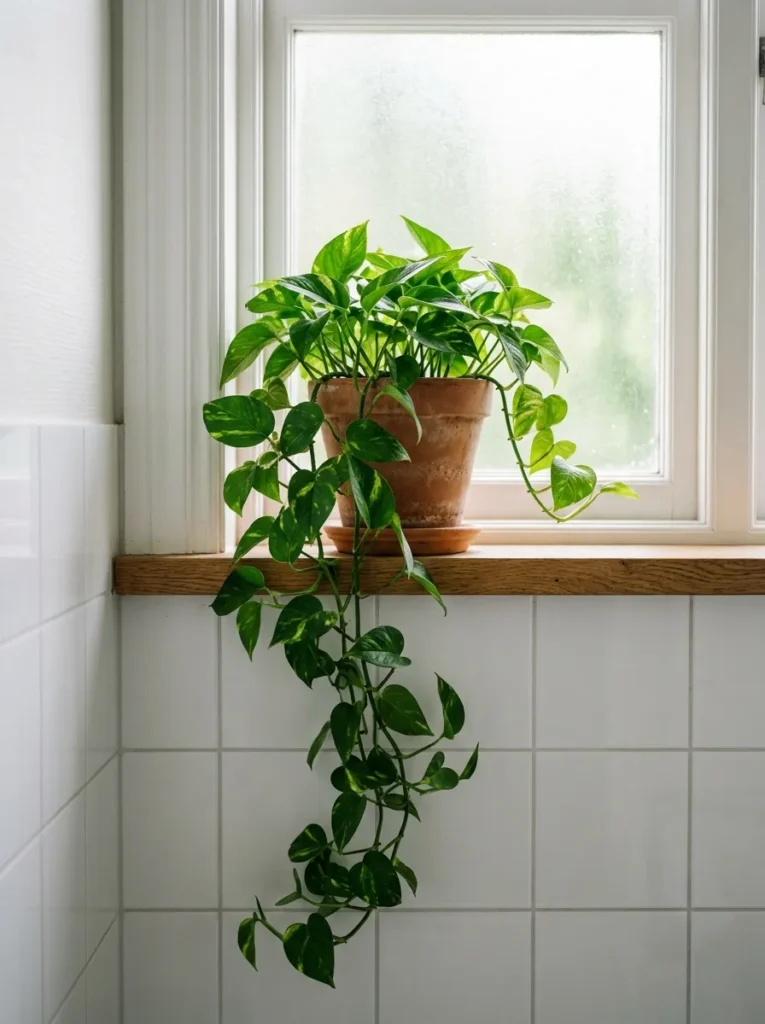 Trailing pothos in a terracotta pot on a bathroom shelf near a frosted window, vines hanging over the shelf edge in indirect light