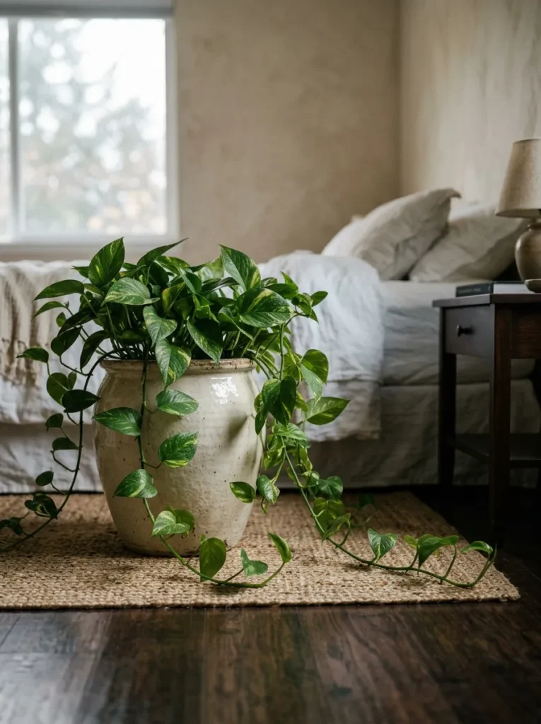 Large pothos with trailing vines in a cream ceramic pot on the bedroom floor beside a nightstand, in a north-facing room with diffused ambient light
