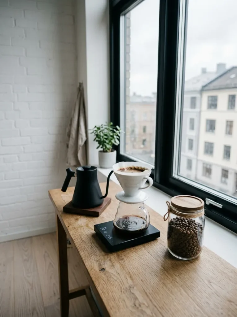  Manual pour-over coffee station with a gooseneck kettle, scale, and glass jar near a kitchen window