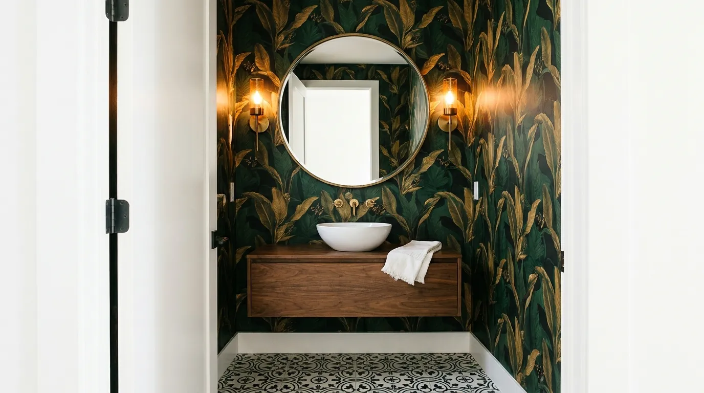 Powder room with dark botanical wallpaper, an oversized round brass mirror, flanking sconces, floating walnut vanity, and patterned cement tile floor