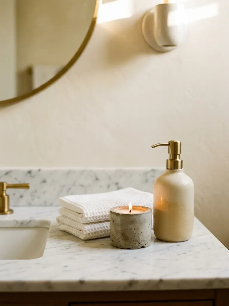 Powder room vanity surface with a cream ceramic soap pump, concrete candle vessel, and folded white waffle-knit hand towels on marble