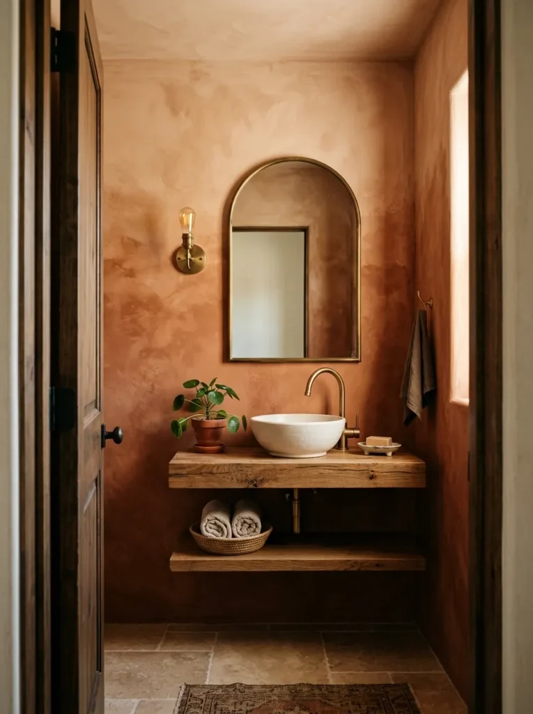 Powder room with terracotta limewash walls showing natural tonal variation, an arch-top brass mirror, and a white vessel sink on a floating shelf
