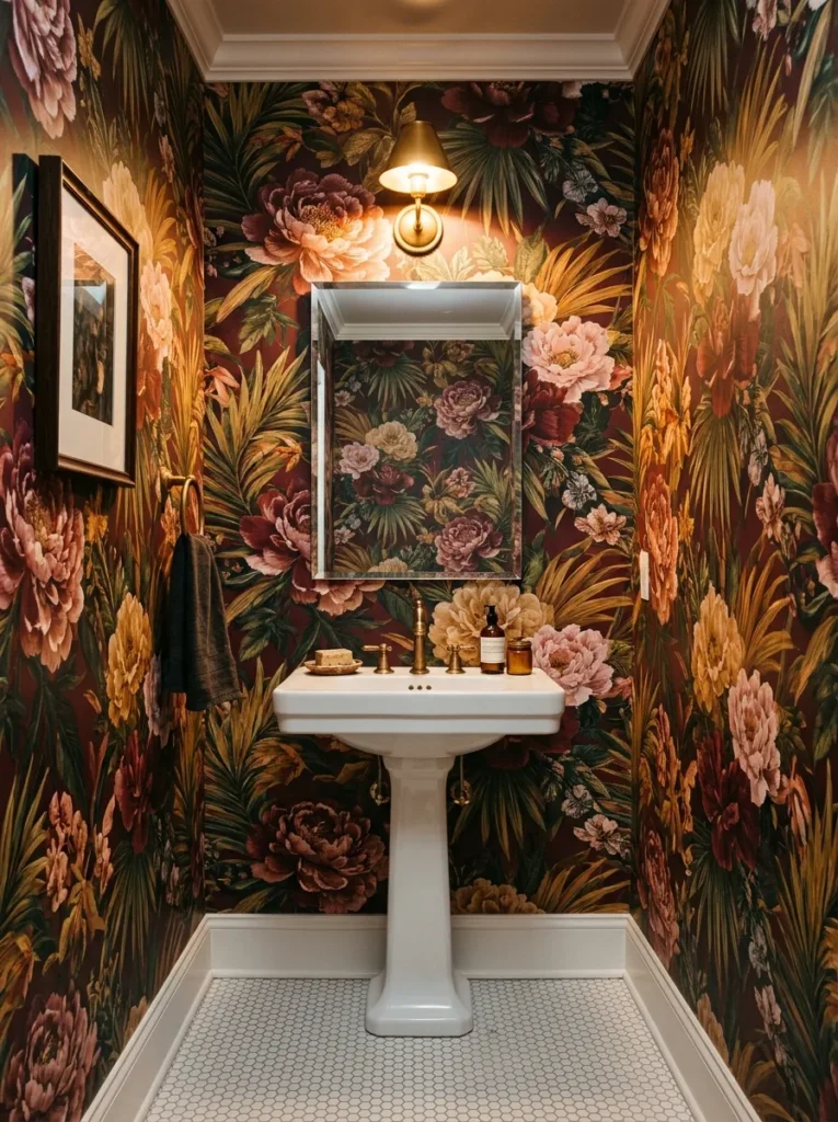 Powder room with all four walls covered in deep burgundy and gold botanical wallpaper wrapping behind a frameless mirror and white pedestal sink

