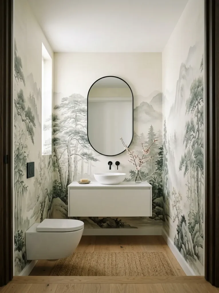 Powder room with a panoramic Japanese forest mural wallpaper in soft grey and sage tones surrounding a white floating vanity and black oval mirror
