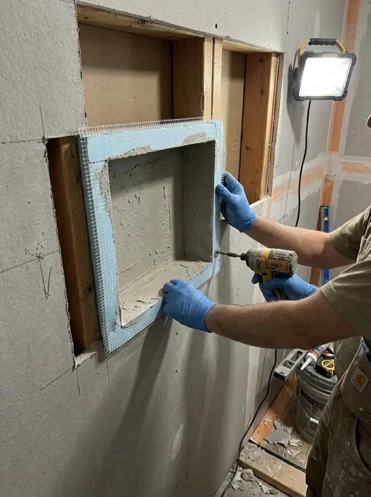 Prefabricated foam board tile-ready niche insert being set into a shower wall cavity between studs before tile is applied