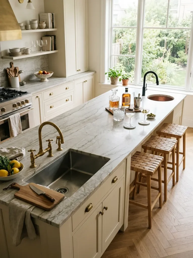 Kitchen island with two sinks — a large prep sink and a small bar sink — at different ends