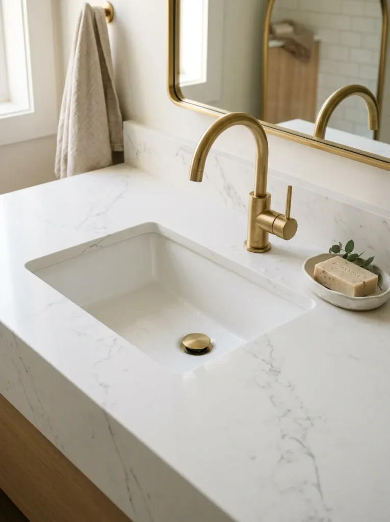 Continuous white quartz counter with undermount basin and matte gold faucet, no visible sink rim
