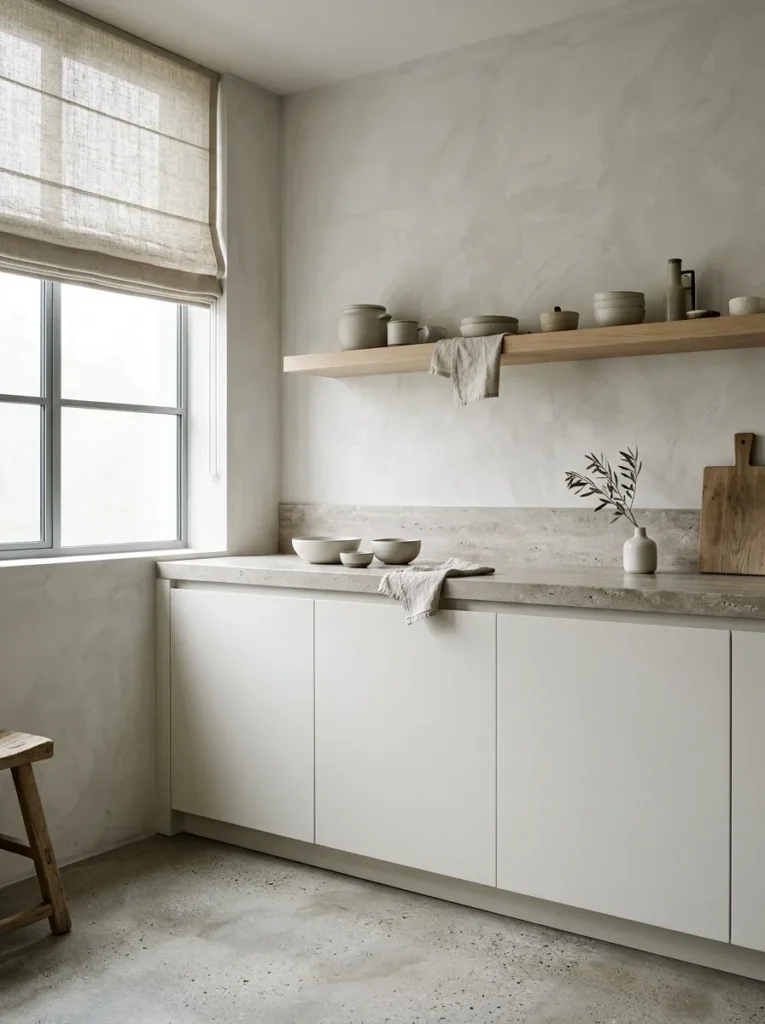 Near-monochromatic contemporary kitchen with matte lacquer cabinets, brushed stone countertop, limewash wall, and polished concrete floor in soft diffuse light
