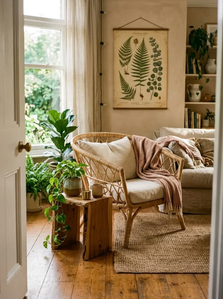 Natural rattan bucket chair with cream cushion beside a raw-edge side table with plant and ceramic in a boho living room