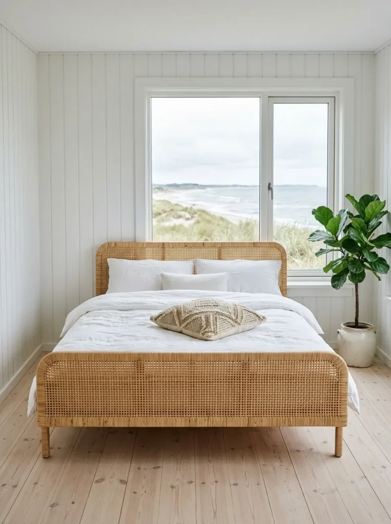  Natural rattan cane bed frame with white bedding in a light-filled coastal bedroom 