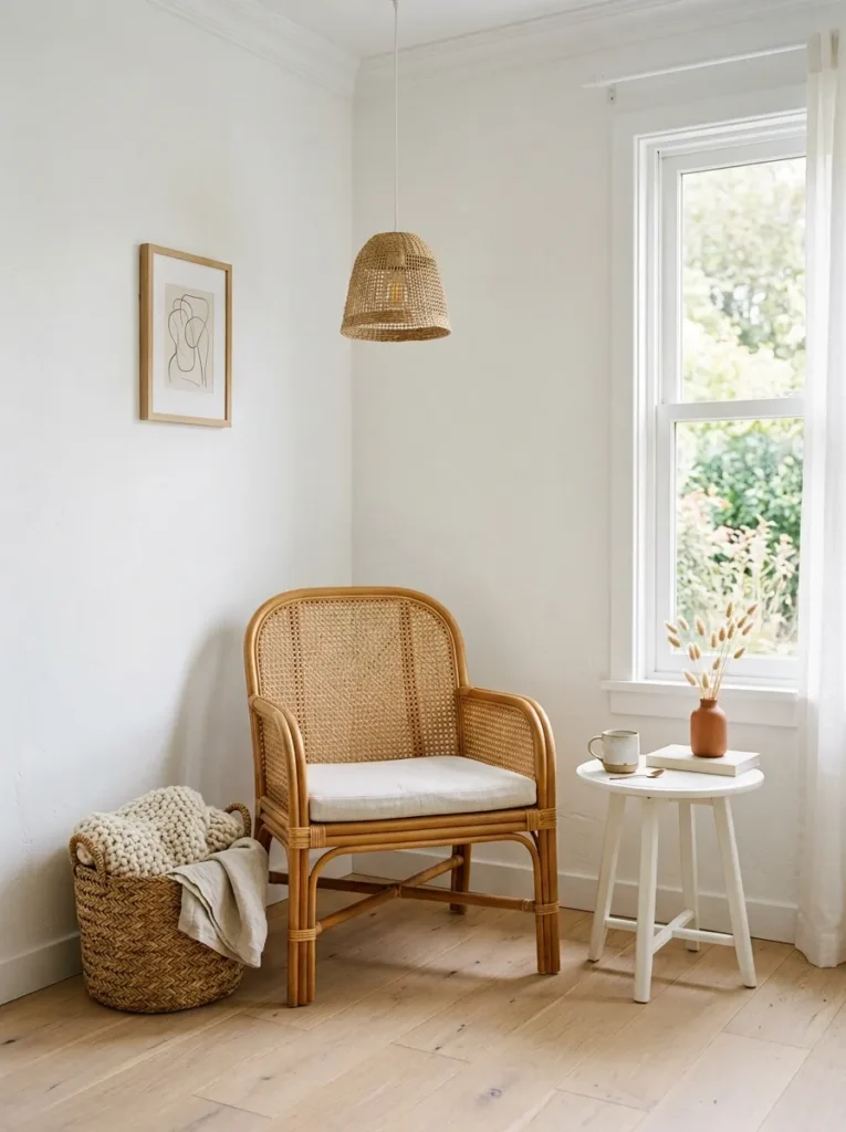 Natural rattan side chair and seagrass storage basket in a white living room corner, with a woven pendant light above