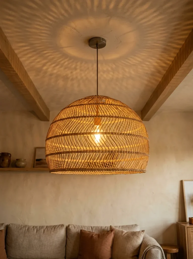Large open-weave rattan dome pendant casting warm dappled light on a cream ceiling in a boho living room