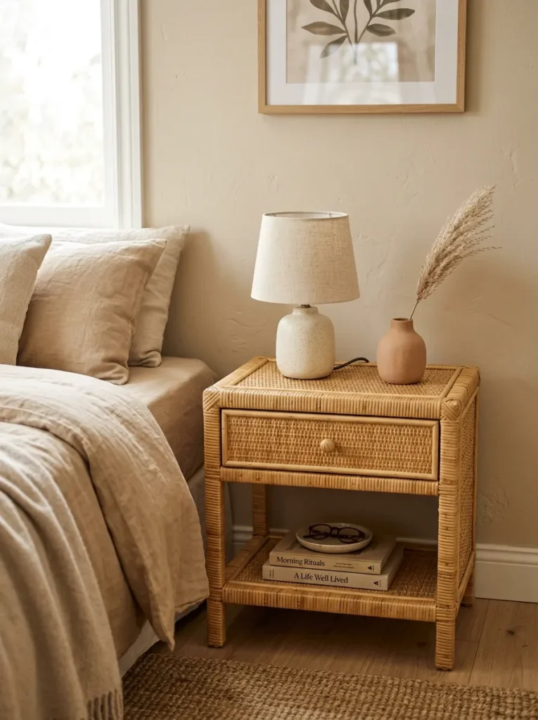 Honey-tone rattan nightstand with woven texture beside a beige bedroom wall, ceramic lamp and dried stem on top
