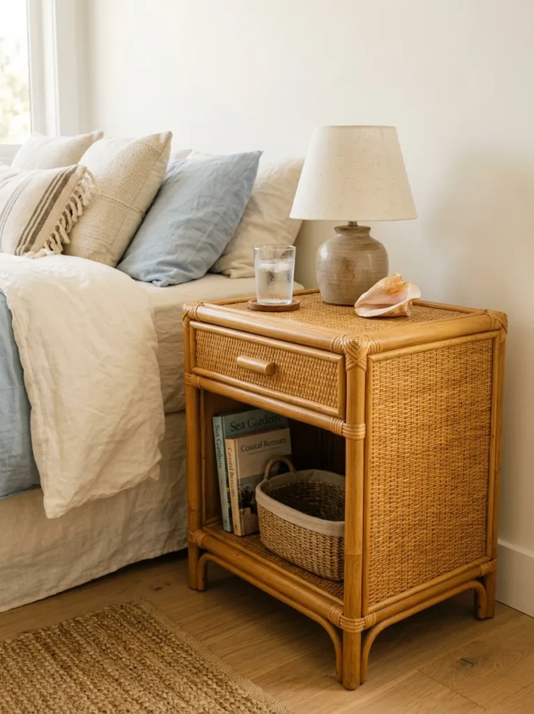 Natural rattan nightstand with woven texture beside a coastal bed with linen bedding, small ceramic lamp on surface

