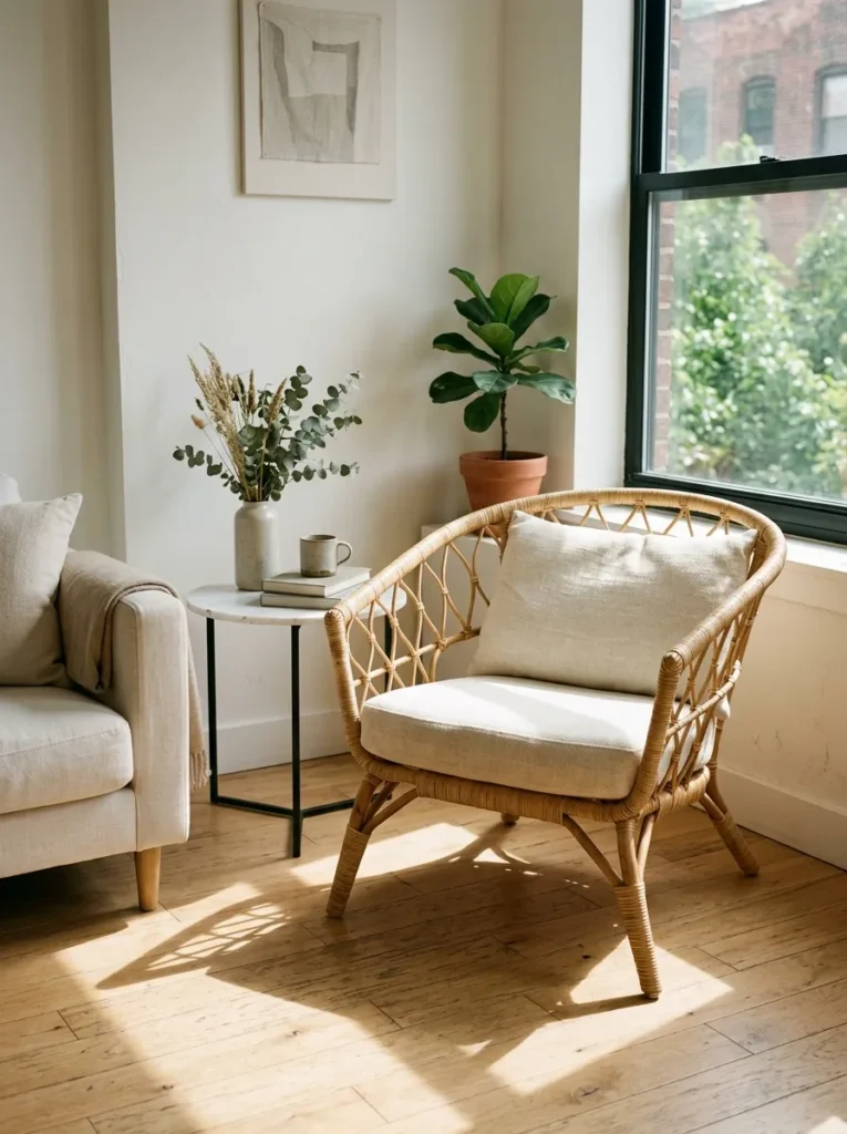 Bent rattan armchair with linen cushion near a window in a small apartment living room, light passing through the open weave