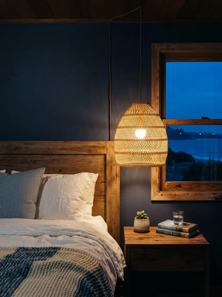 Woven rattan pendant light hanging at bedside height in a coastal bedroom, casting warm diffused light in the evening
