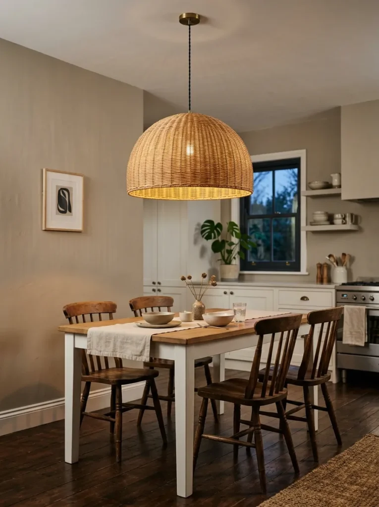 Large woven rattan dome pendant hanging over a rectangular kitchen nook table with wood chairs