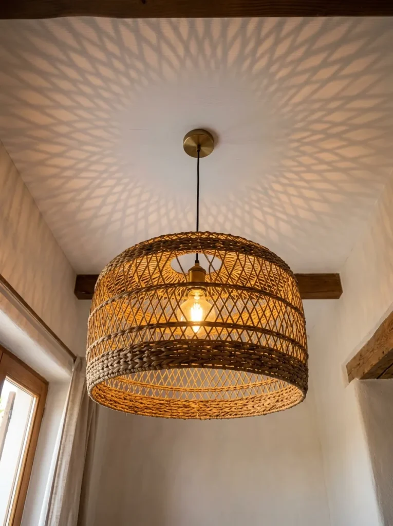 Woven rattan drum pendant light casting a patterned shadow on a white coastal bedroom ceiling
