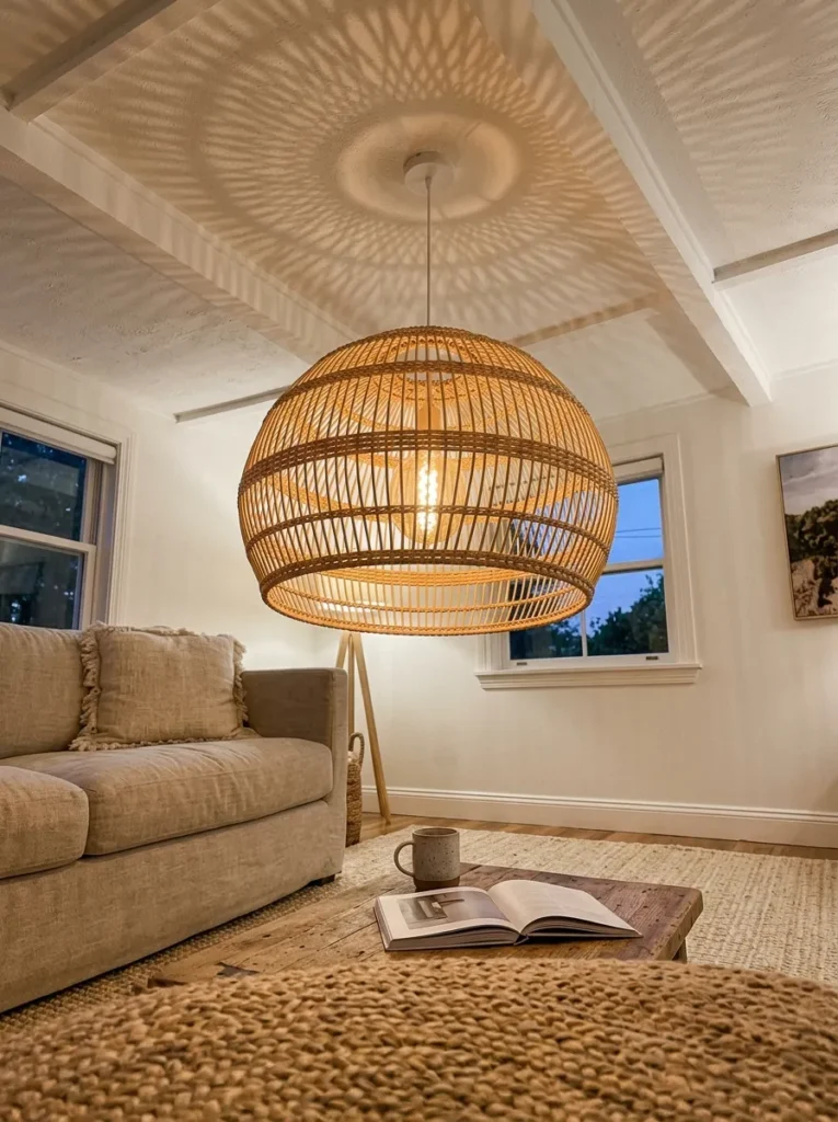 Large woven rattan pendant light hanging over a white living room seating area, casting a warm woven shadow pattern on the ceiling
